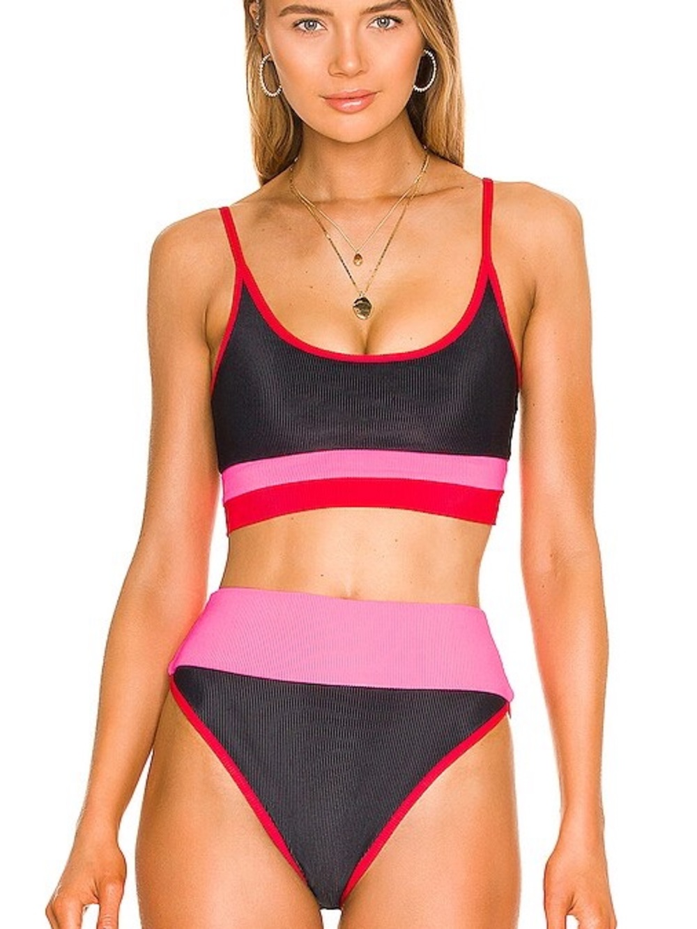 Beach Riot Colorblock Ribbed Bikini Top and High Waist Bottom - Pink & Black